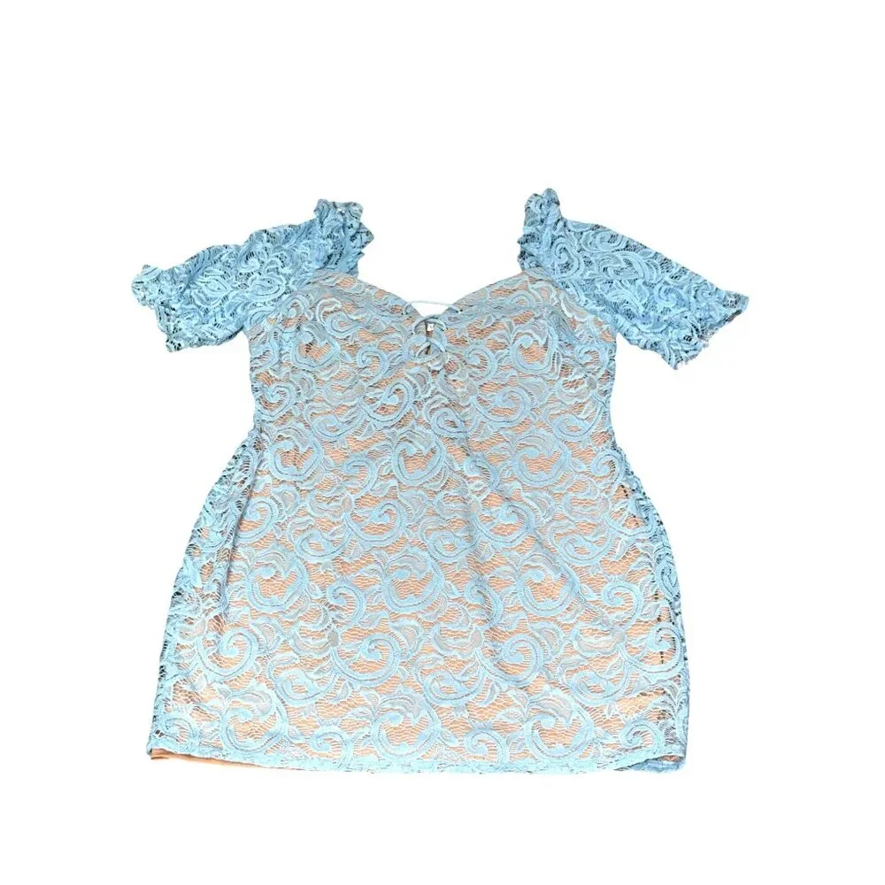 Venus 1X Sky Blue Lace Mini Dress Sheer Bodycon Fit Scalloped Sleeve Glamcore - Picture 12 of 12